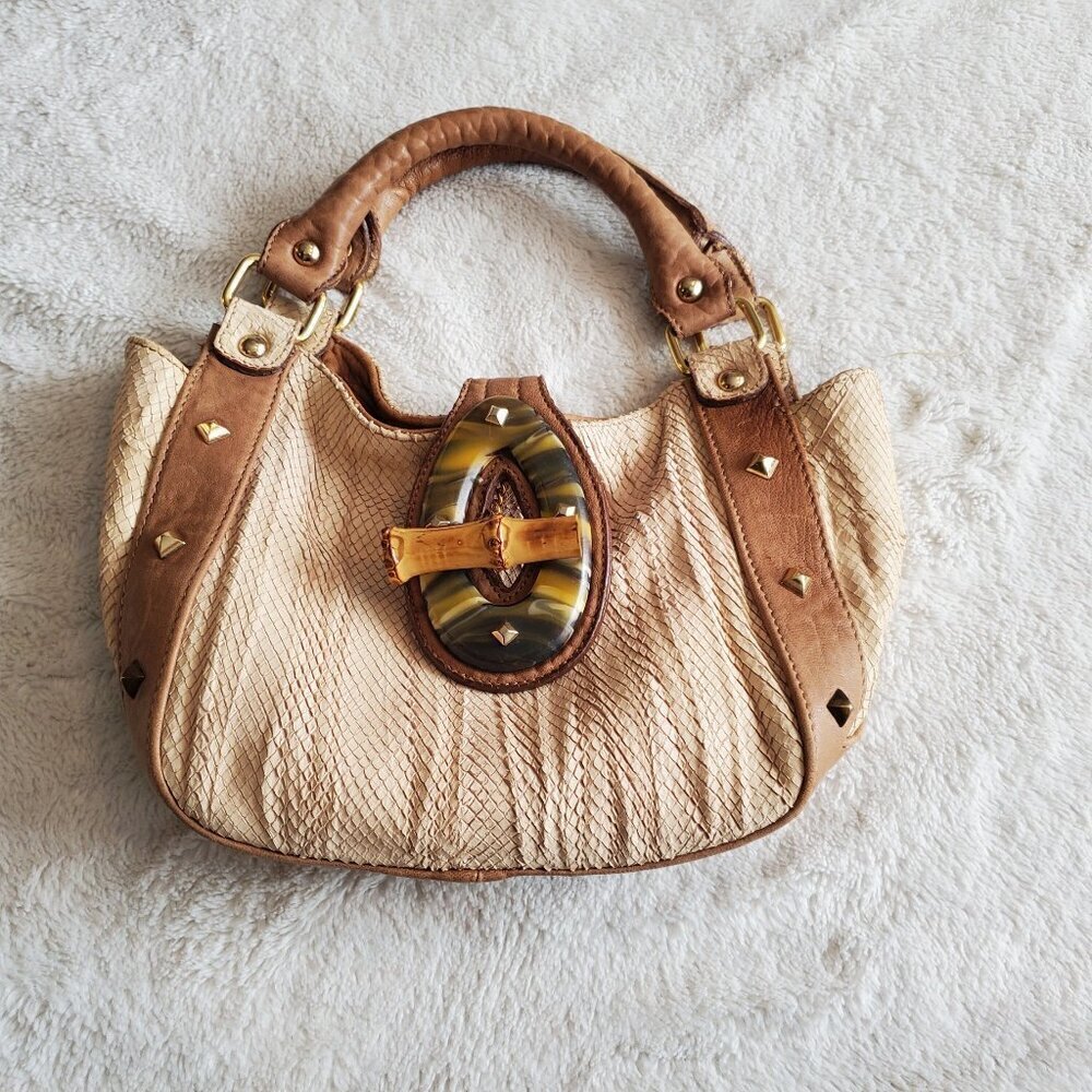 Tan Leather and Snakeskin Embossed Hobo Bag with Bamboo Toggle and Studs